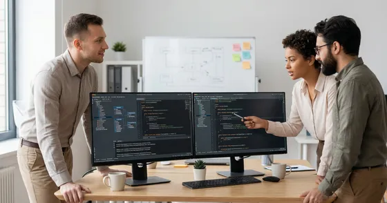 Equipo de desarrollo revisando código de un sistema ERP